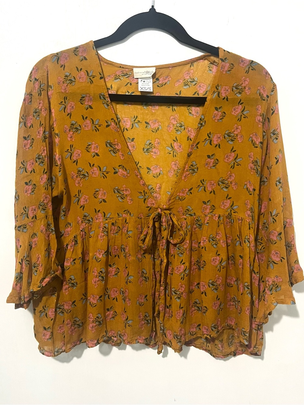 Natural Life Mustard Floral Tie-Front Blouse
